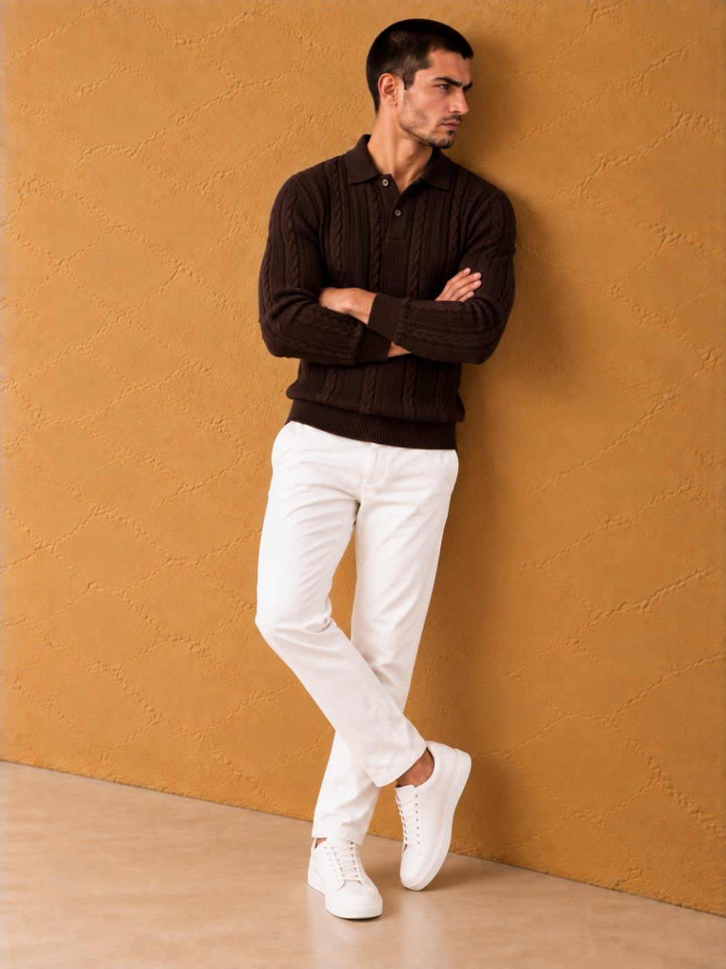 Bemount Bemount Dark Chocolate Cable-Knit Polo, view 6