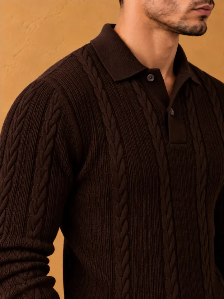 Bemount Bemount Dark Chocolate Cable-Knit Polo, view 7