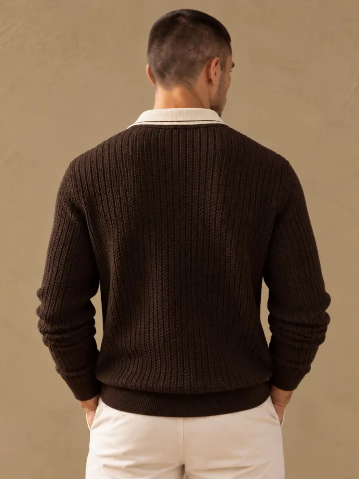 Bemount Bemount Dark Chocolate Signature Contrast-Trim Textured Knit Polo, view 3