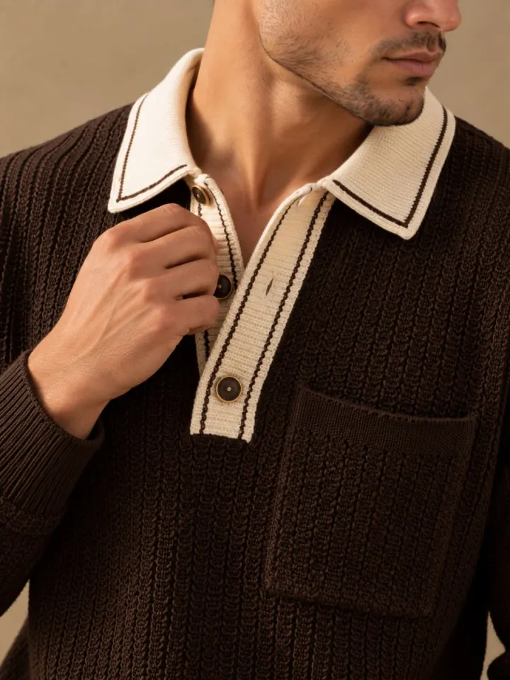 Bemount Bemount Dark Chocolate Signature Contrast-Trim Textured Knit Polo, view 6