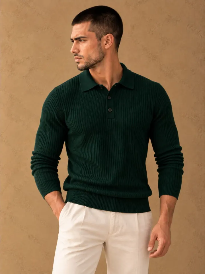 Bemount Bemount Dark Green Signature Ribbed Knit Polo, view 2