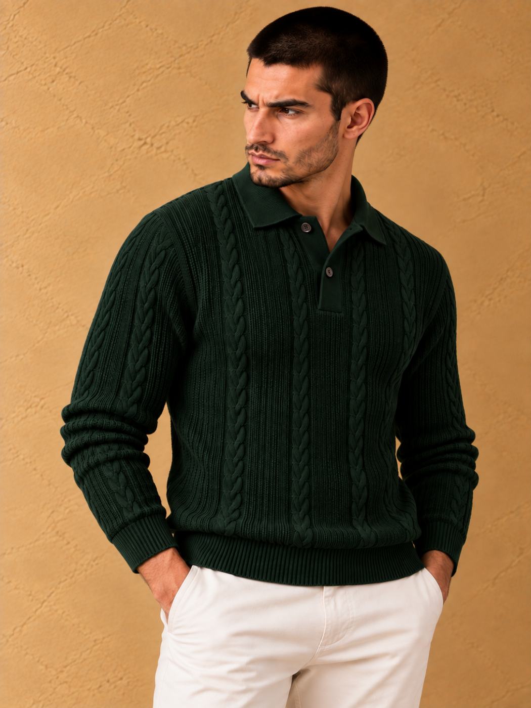 Bemount Bemount Forest Green Cable-Knit Polo, front view