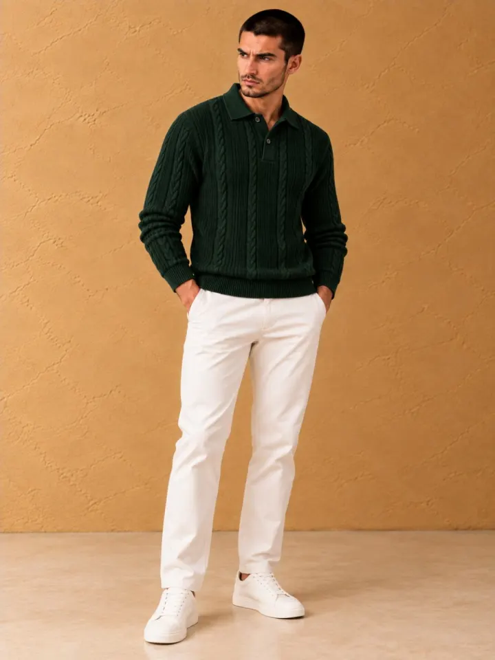 Bemount Bemount Forest Green Cable-Knit Polo, view 5