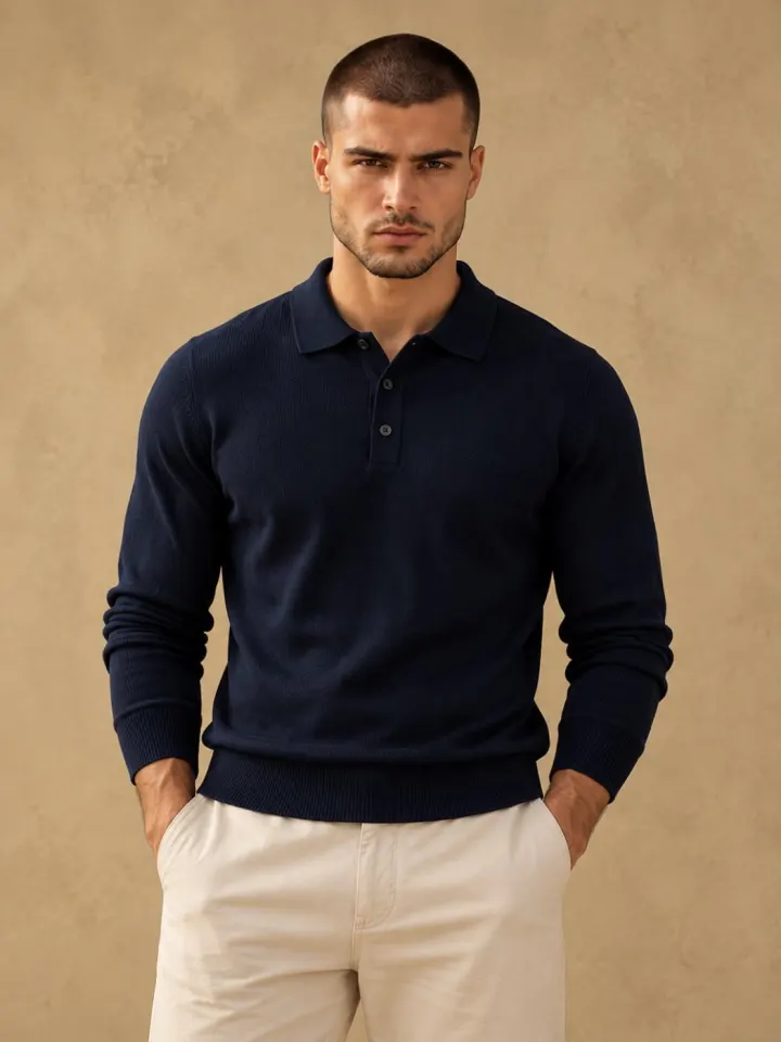 Bemount Bemount Midnight Navy Essential Fine-Gauge Knit Polo, front view