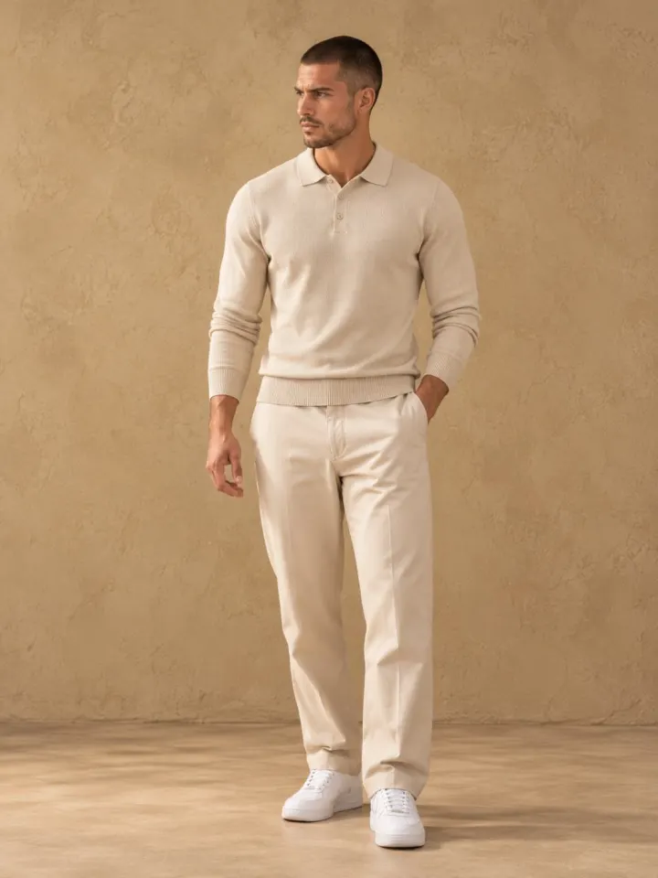 Bemount Bemount Oatmeal Essential Fine-Gauge Knit Polo, front view