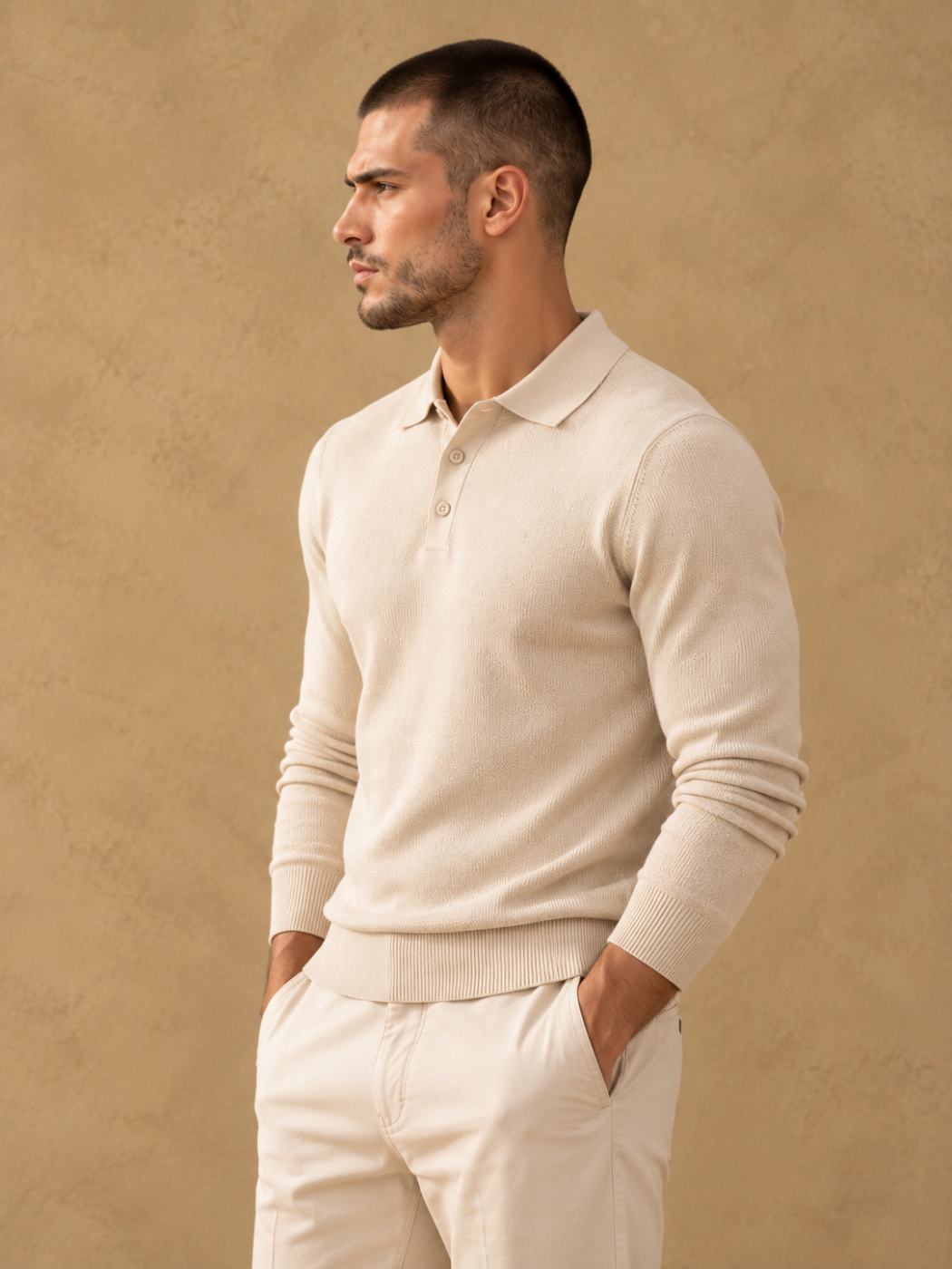 Bemount Bemount Oatmeal Essential Fine-Gauge Knit Polo, view 4