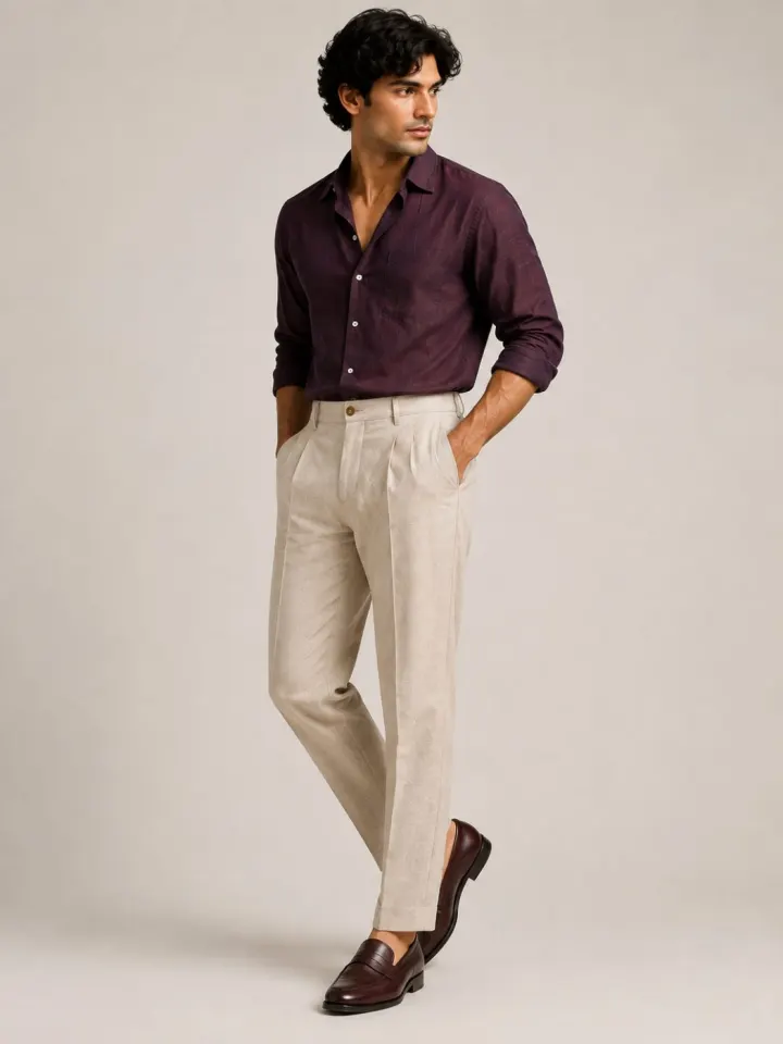 Bemount Arden Stone Pleated Linen Trouser, side front view in Stone