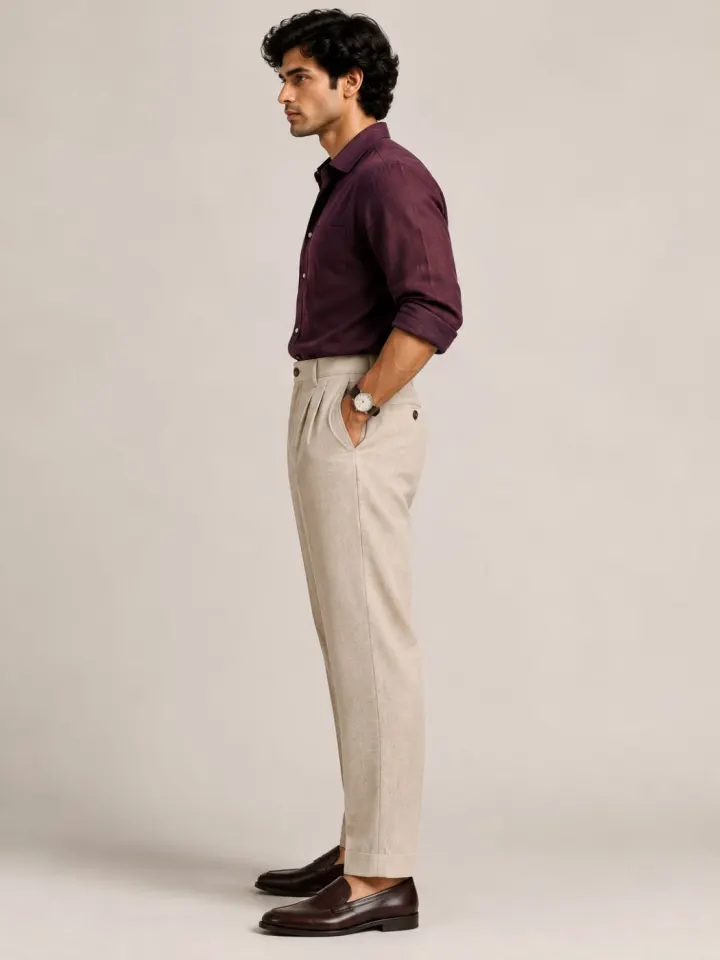 Bemount Arden Stone Pleated Linen Trouser, side view in Stone