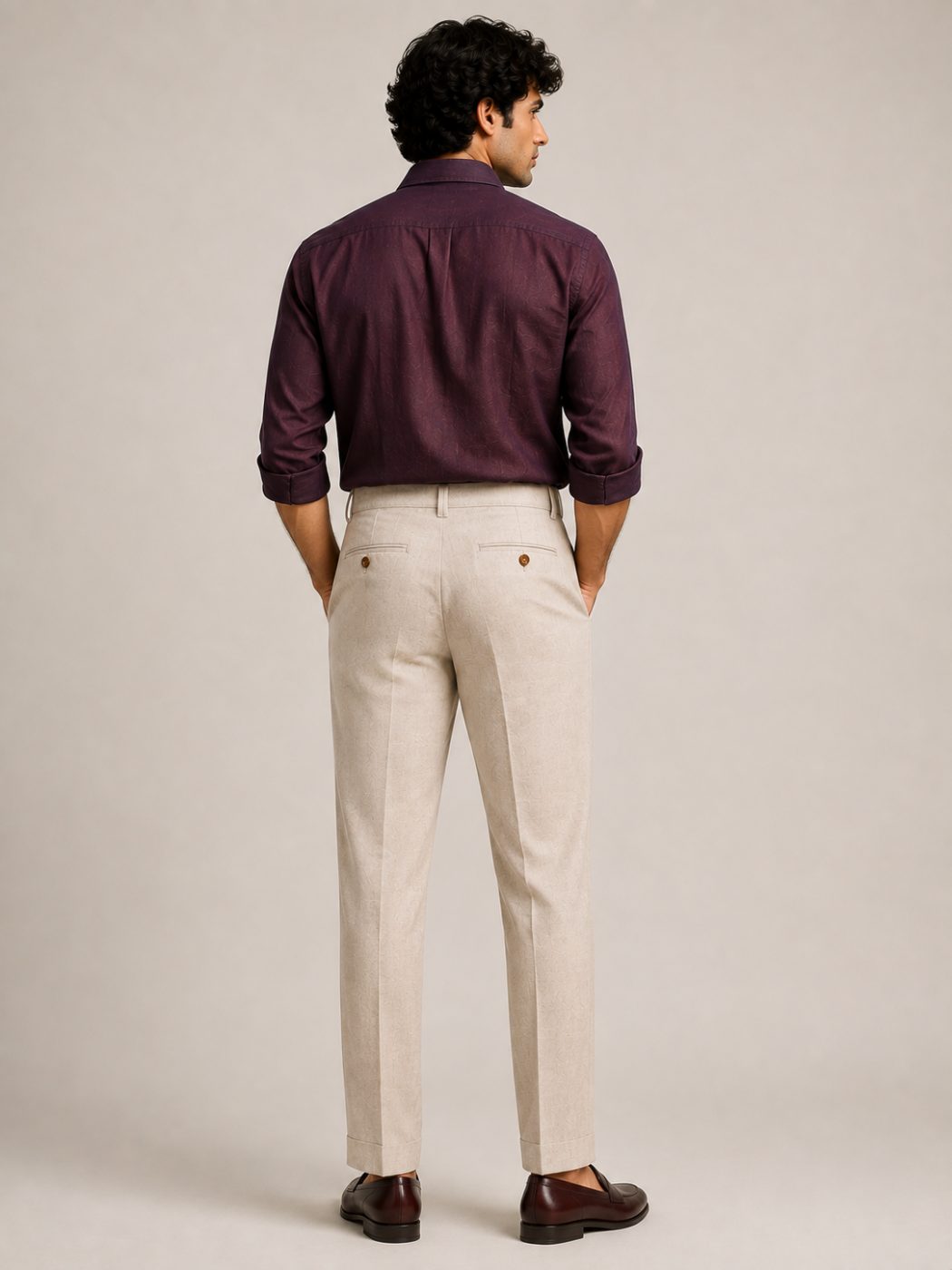 Arden Stone Pleated Linen Trouser, back view in Stone