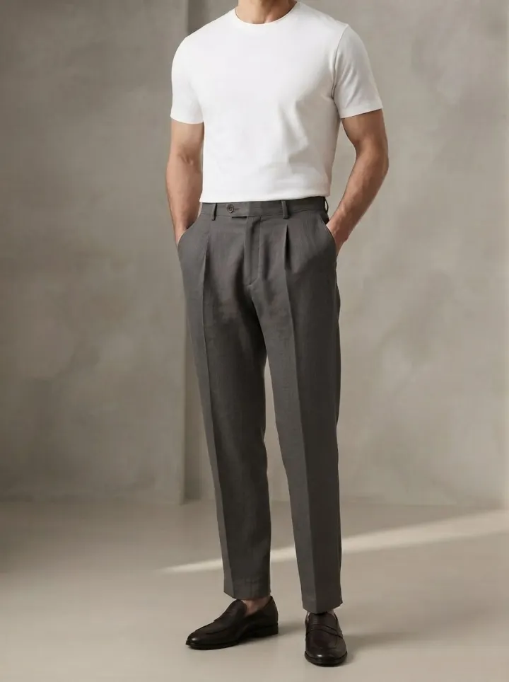 Bemount Charcoal Pleated Linen Trouser, front view in Charcoal