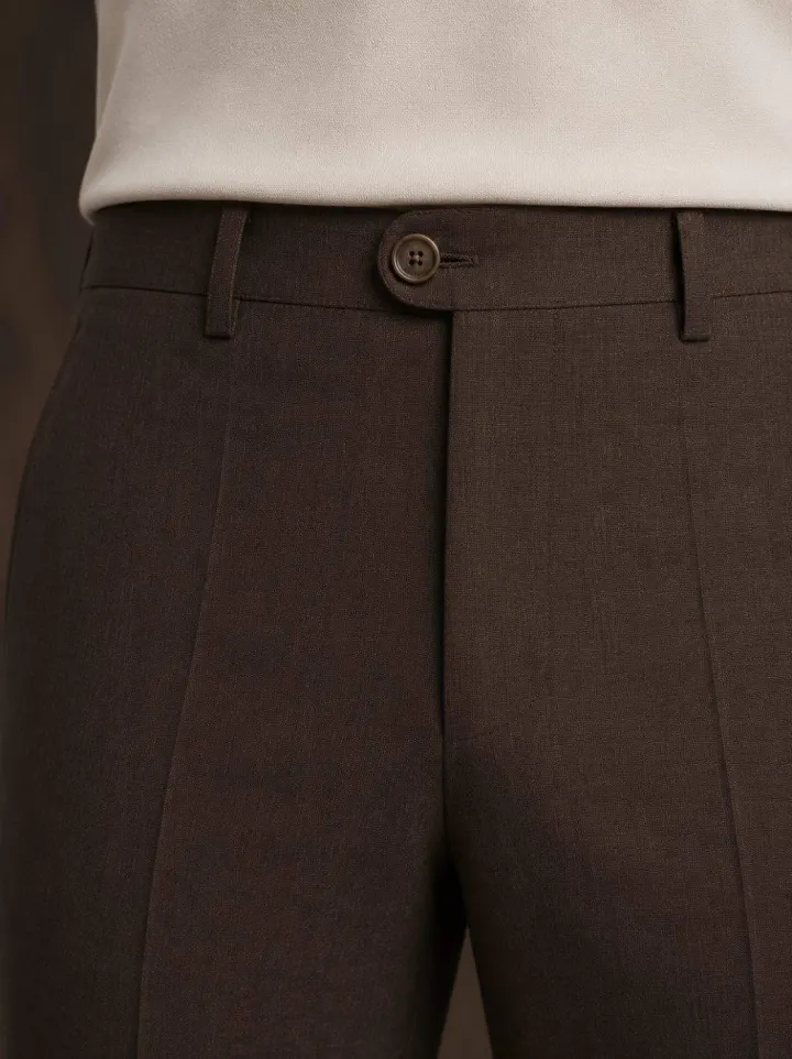 Bemount Dark Espresso Linen Trouser, waist view in Dark Espresso