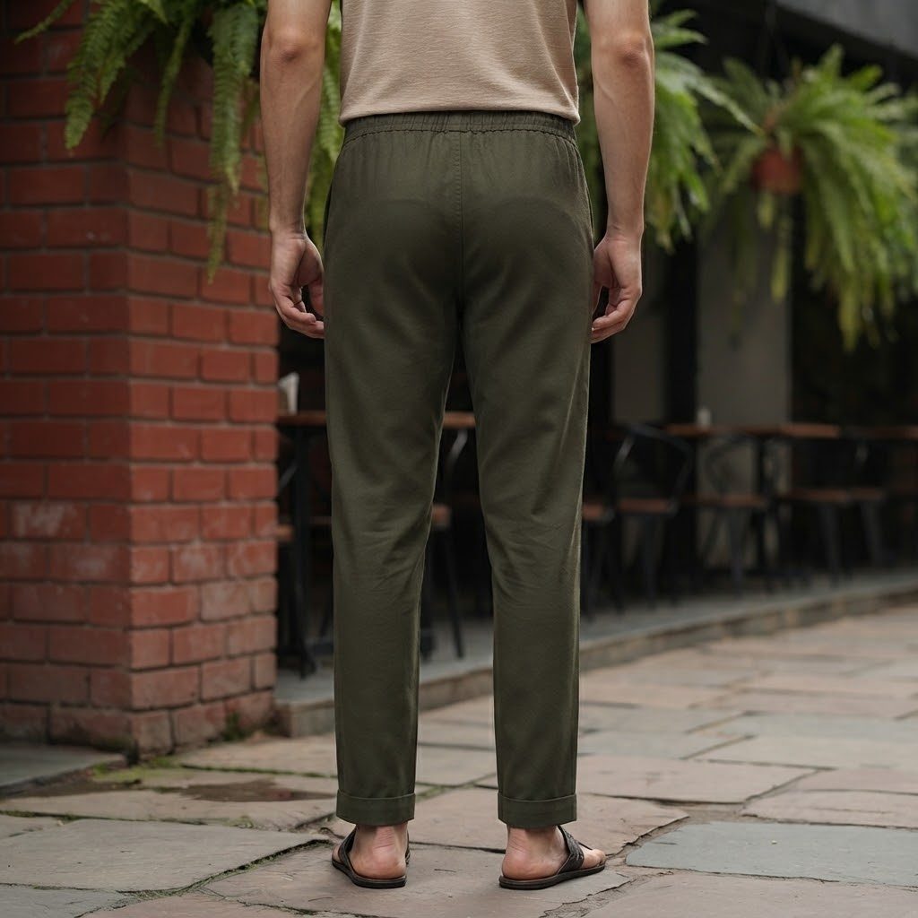 Olive Drab Linen Drawstring Pant, back view