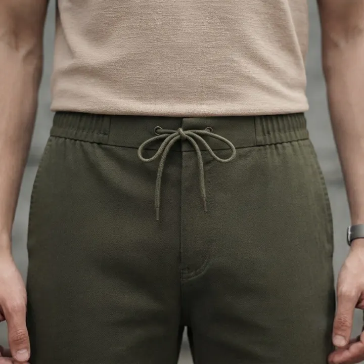 Bemount Olive Drab Linen Drawstring Pant, waist view