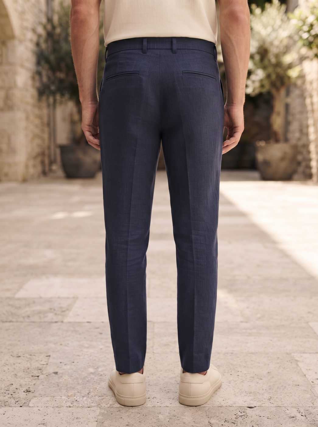Portofino Linen Trouser, Navy, back view in Navy