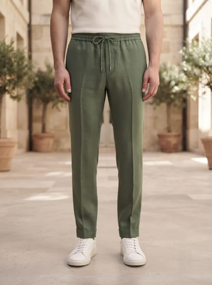 Positano Cuffed Track-Linen Trouser, Olive, front view in Olive