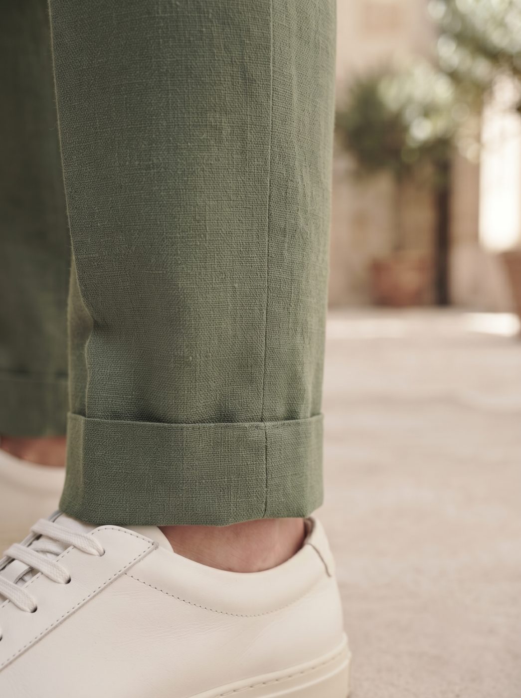 Positano Cuffed Track-Linen Trouser, Olive, hem view in Olive