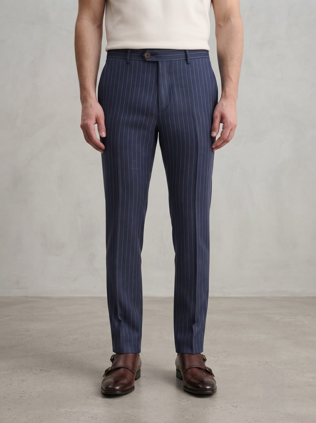 Positano Pinstripe Linen Trouser, Navy, front view in Navy Pinstripe