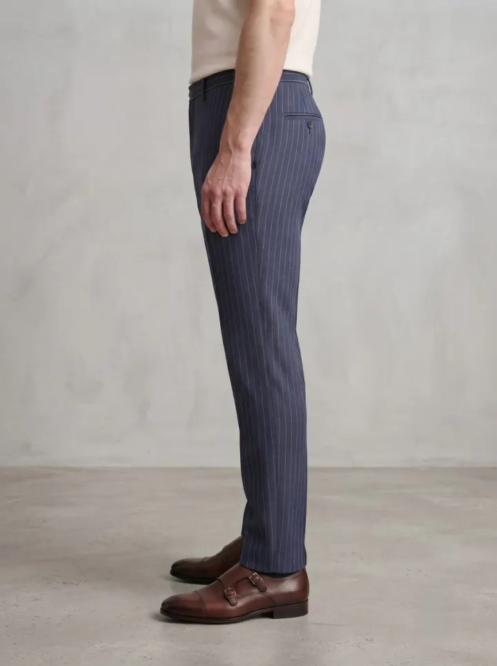 Bemount Positano Pinstripe Linen Trouser, Navy, side view in Navy Pinstripe