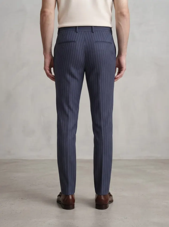 Bemount Positano Pinstripe Linen Trouser, Navy, back view in Navy Pinstripe