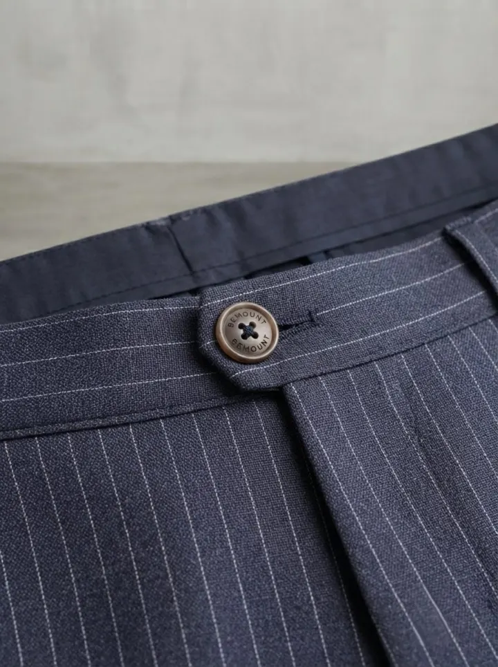 Bemount Positano Pinstripe Linen Trouser, Navy, waiste view in Navy Pinstripe