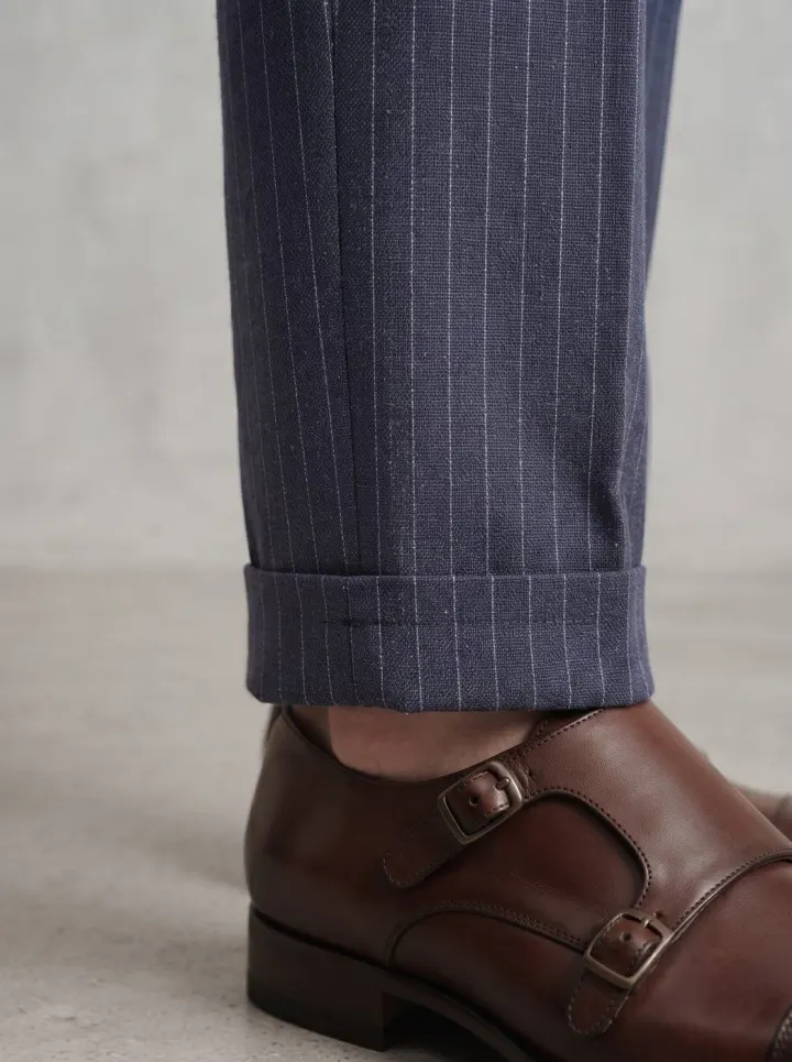 Bemount Positano Pinstripe Linen Trouser, Navy, lower view in Navy Pinstripe