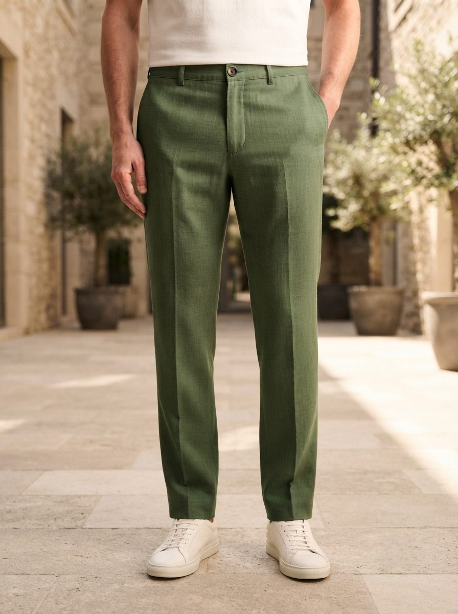 Riviera Linen Trouser, Olive, front view in Olive