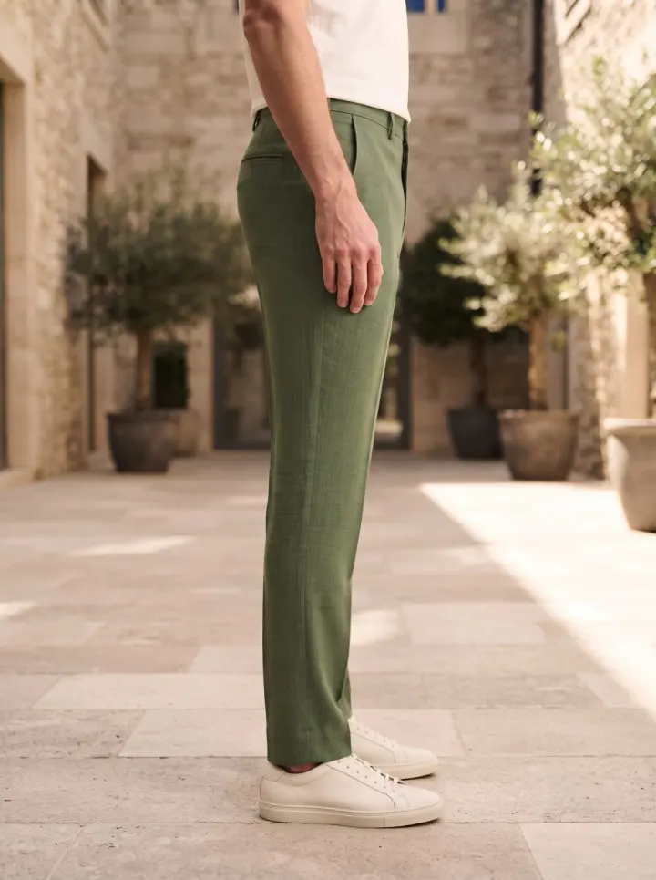 Bemount Riviera Linen Trouser, Olive, side view in Olive