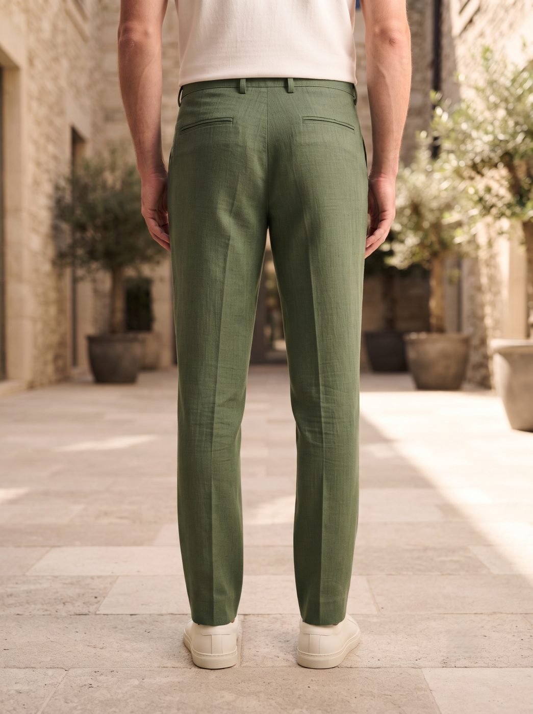 Riviera Linen Trouser, Olive, back view in Olive