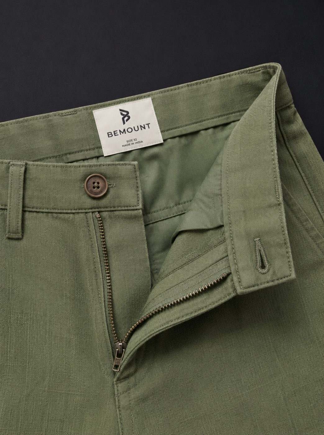 Riviera Linen Trouser, Olive, waist view in Olive