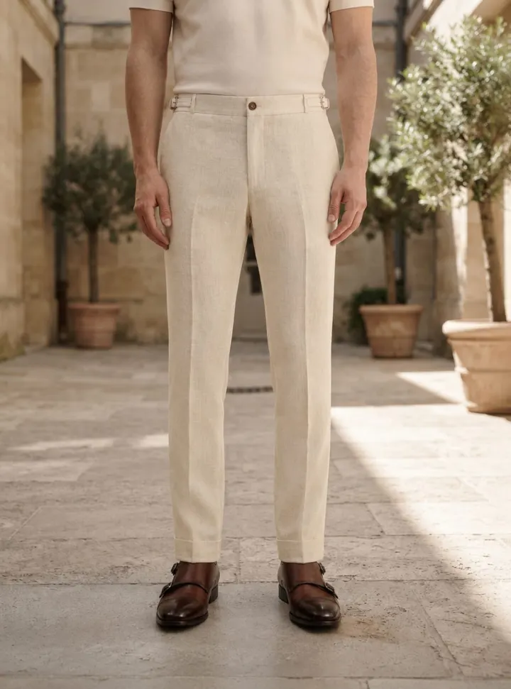 Riviera Side-Buckle Tailored Trouser, Cream, full view in Cream