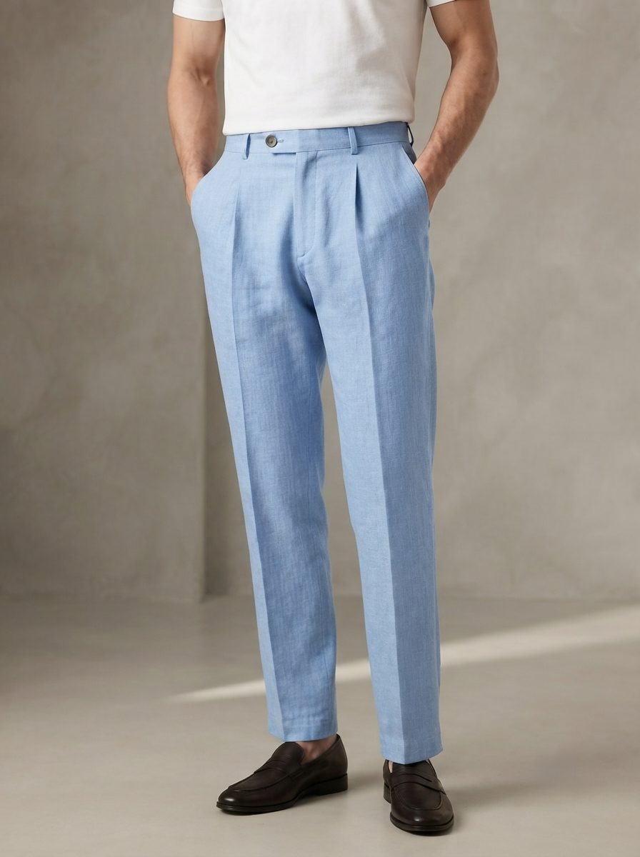 Sky Blue Pleated Linen Trouser, front view in Sky Blue