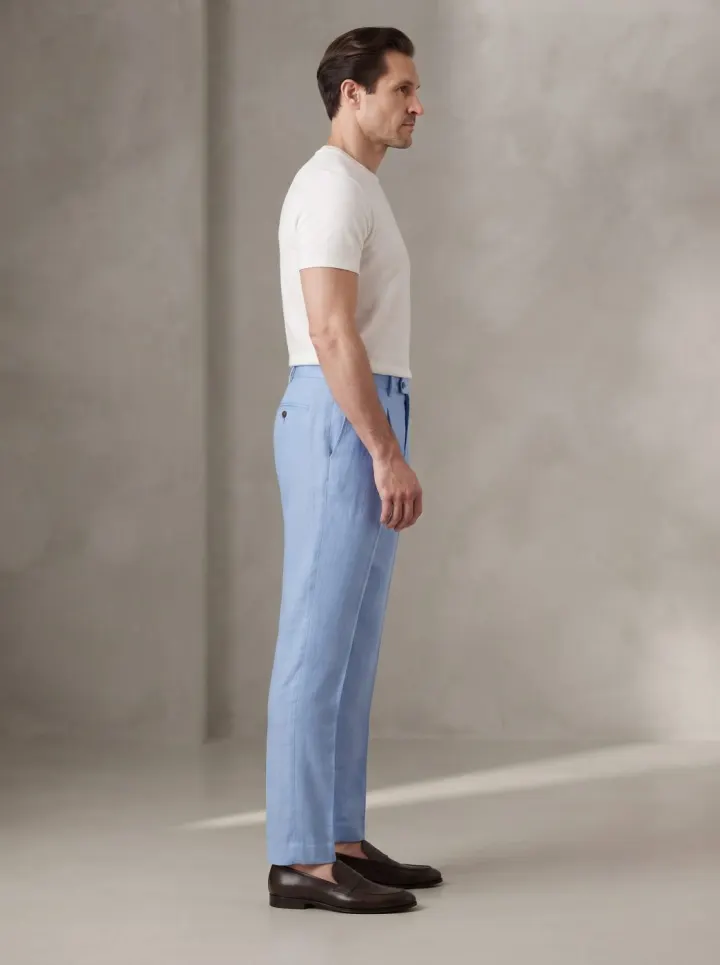 Bemount Sky Blue Pleated Linen Trouser, side view in Sky Blue