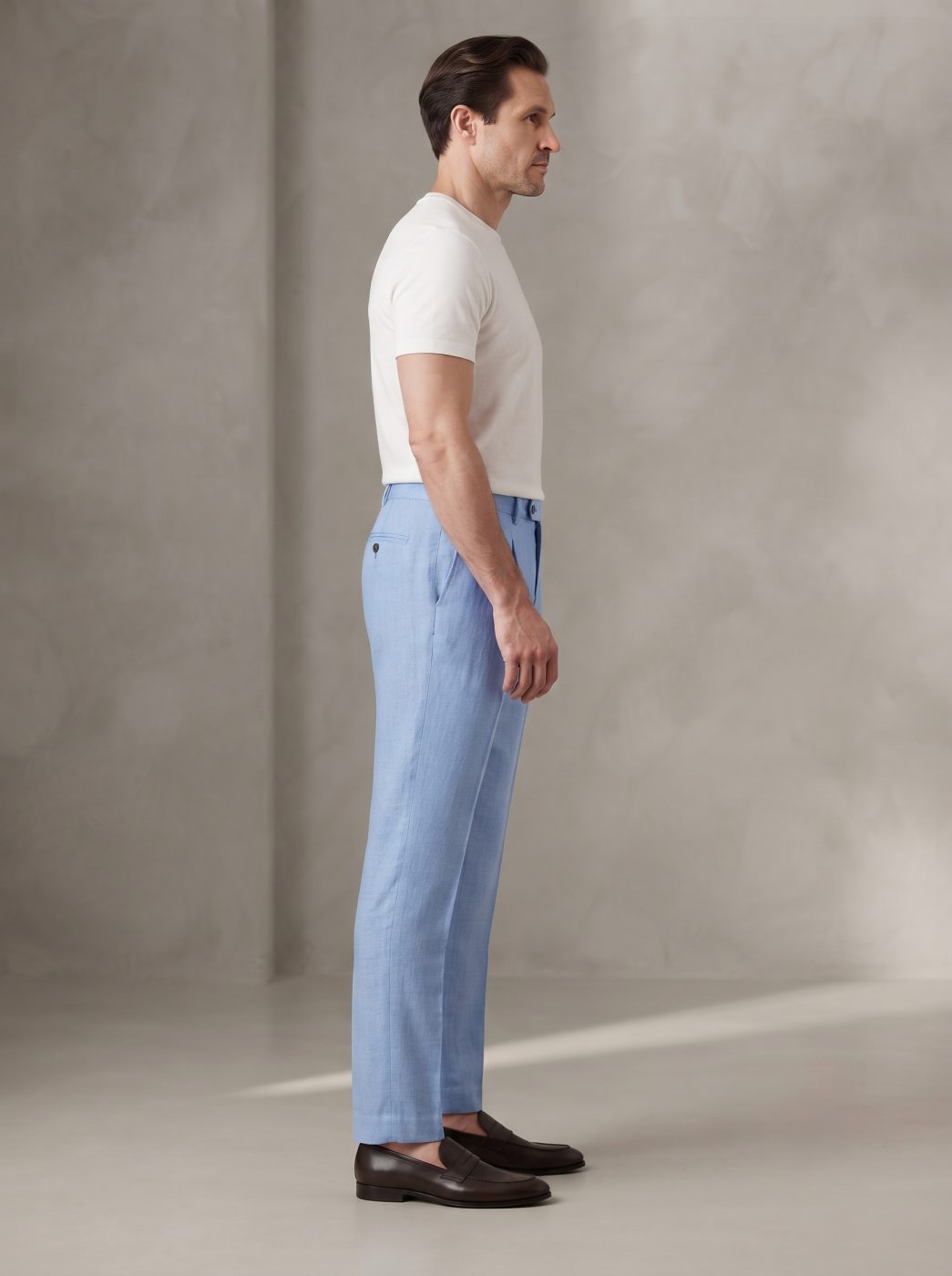 Sky Blue Pleated Linen Trouser, side view in Sky Blue