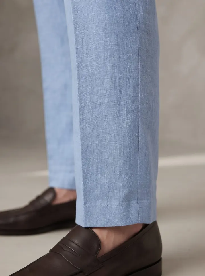Bemount Sky Blue Pleated Linen Trouser, hem view in Sky Blue