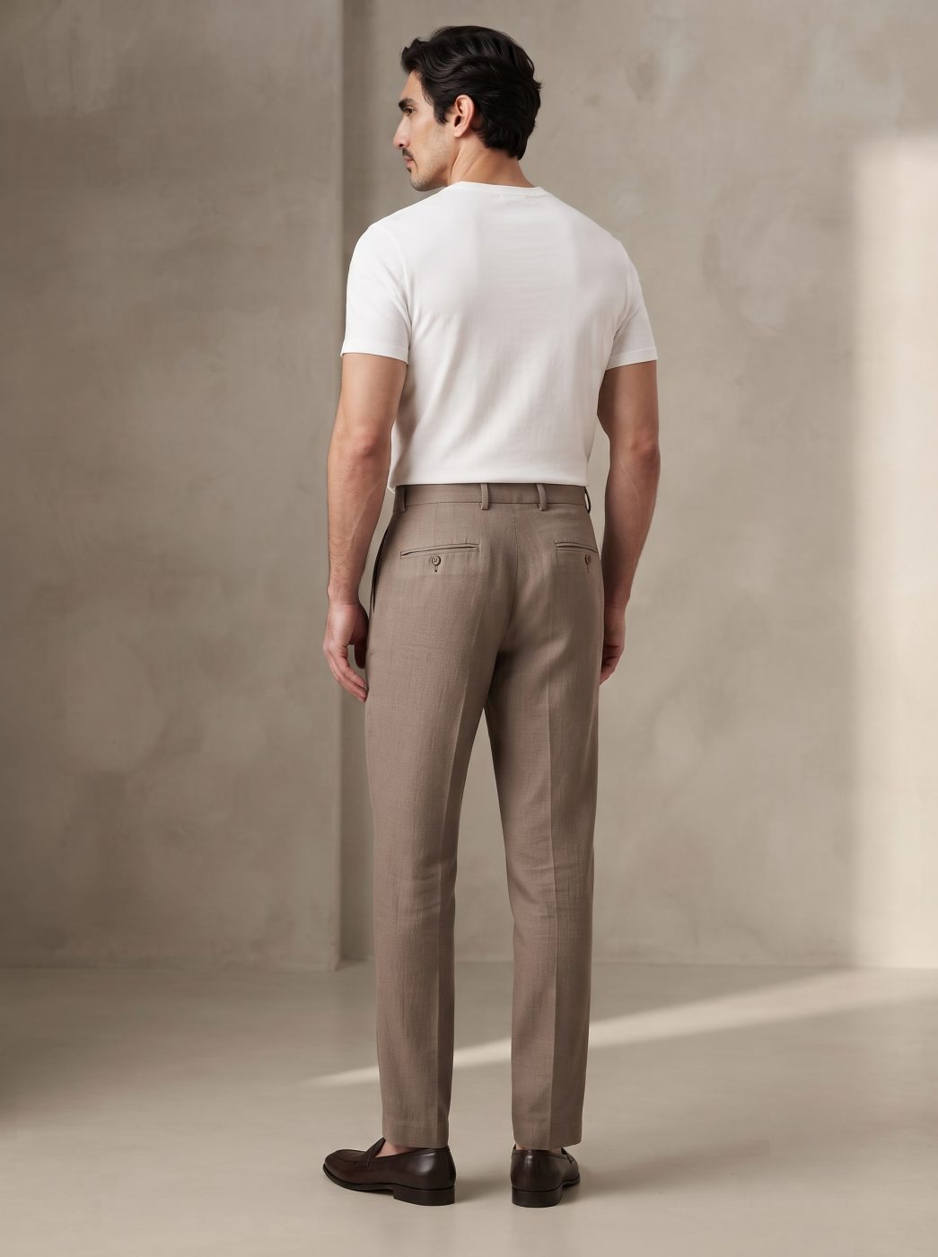 Taupe Pleated Linen Trouser, back view in Taupe
