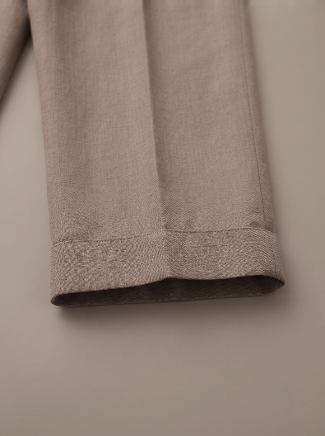 Taupe Pleated Linen Trouser, hem view in Taupe