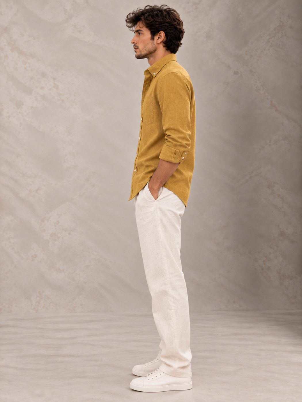 Bemount Antique Mustard French Linen Shirt in Antique Mustard, side view