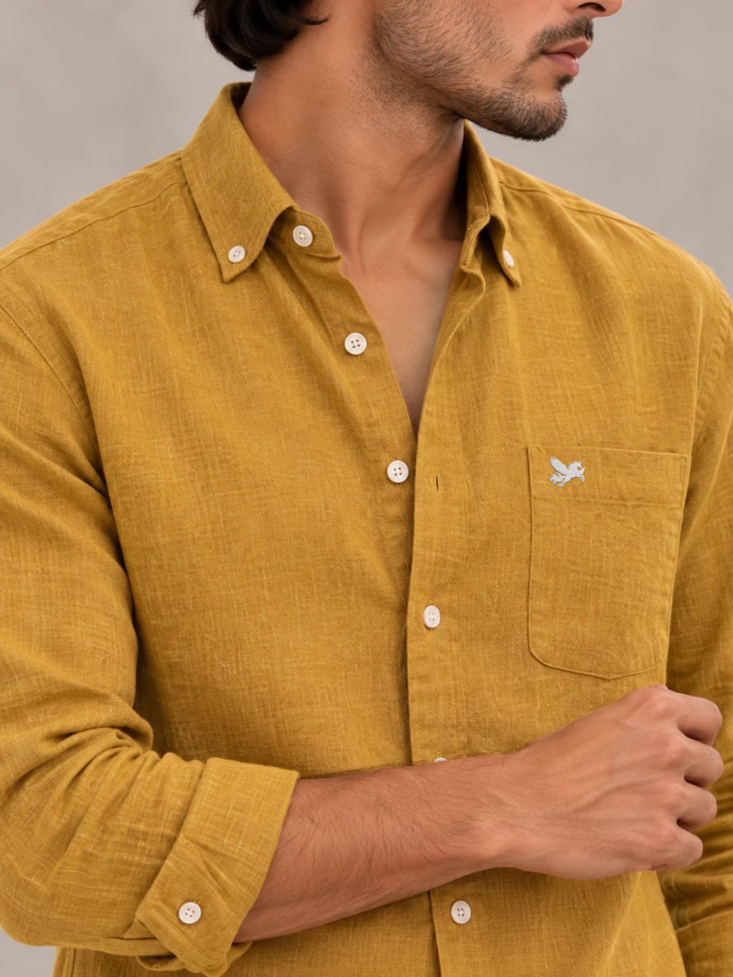 Bemount Antique Mustard French Linen Shirt in Antique Mustard, close-up of collar and pocket
