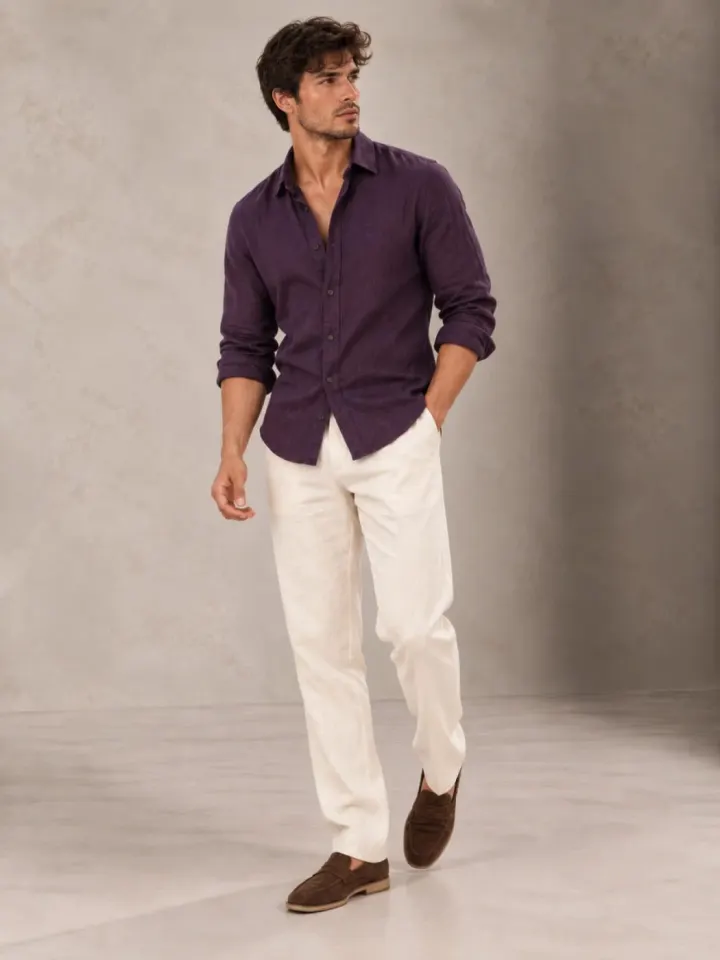 Bemount Bemount Deep Aubergine French Linen Shirt in Deep Aubergine, front view