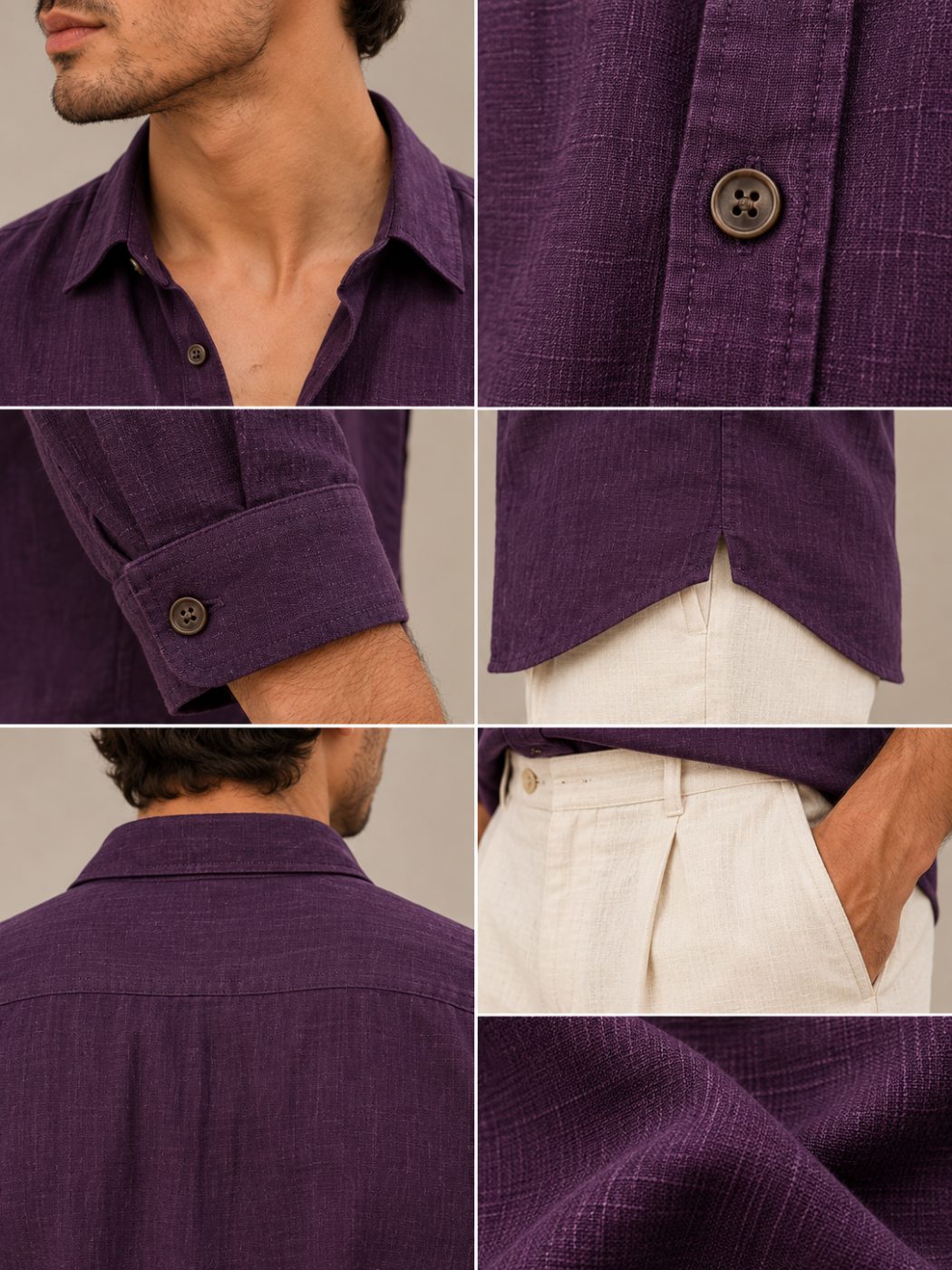 Bemount Deep Aubergine French Linen Shirt in Deep Aubergine, collar, button, cuff and fabric details