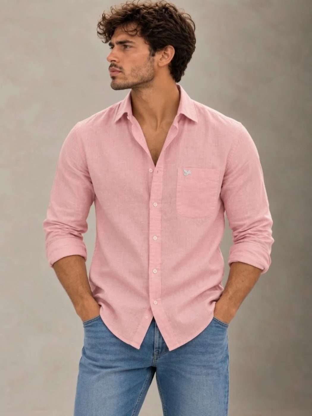 Bemount Dusty Blush French Linen Shirt in Dusty Blush, front view, hands in pockets