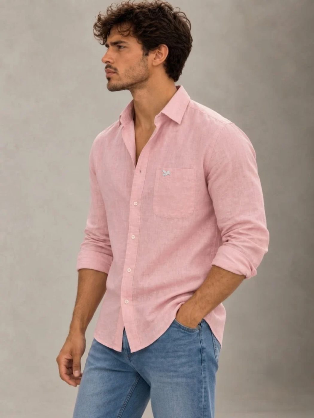 Bemount Dusty Blush French Linen Shirt in Dusty Blush, three-quarter view