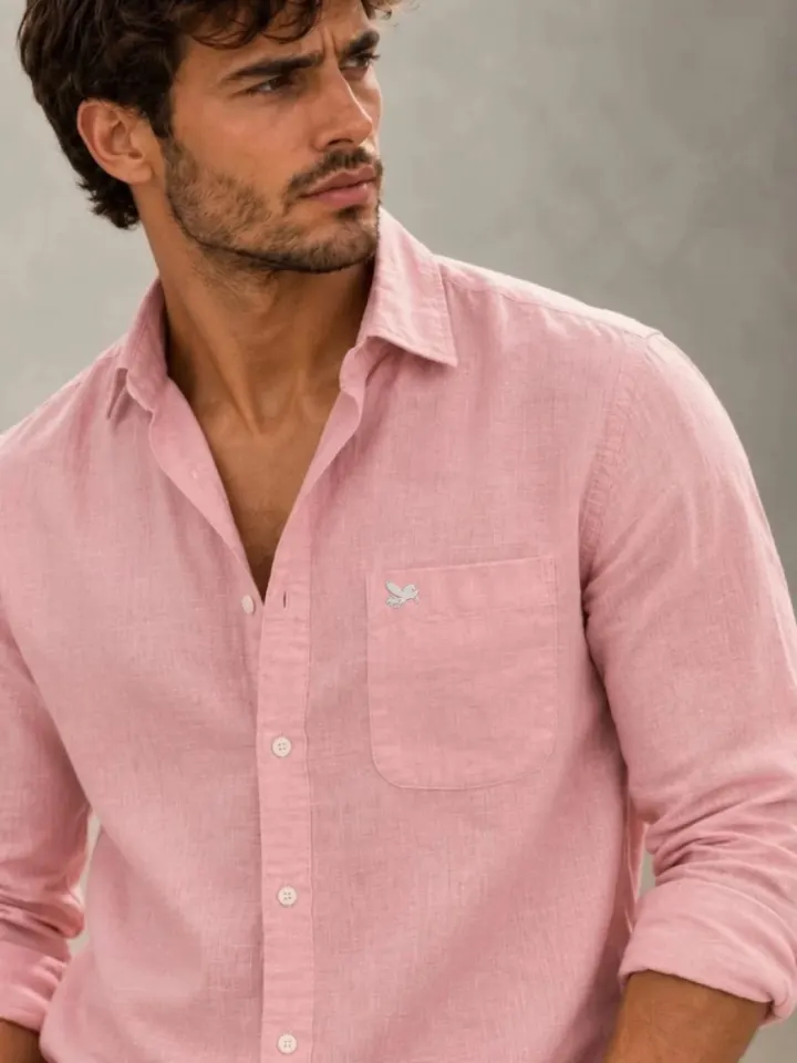 Bemount Bemount Dusty Blush French Linen Shirt in Dusty Blush, close-up of collar and pocket