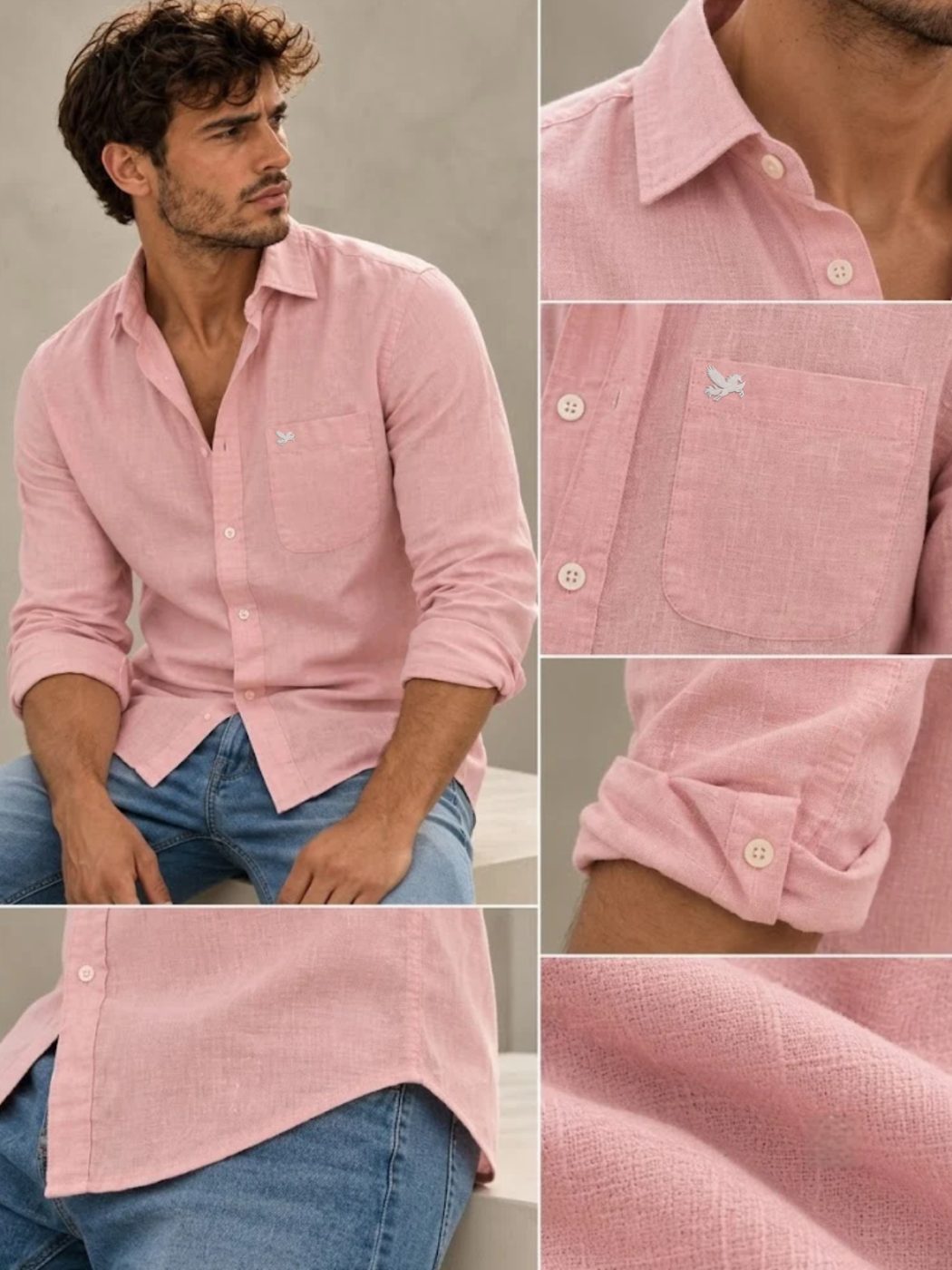 Bemount Dusty Blush French Linen Shirt in Dusty Blush, collar, pocket, cuff and fabric details