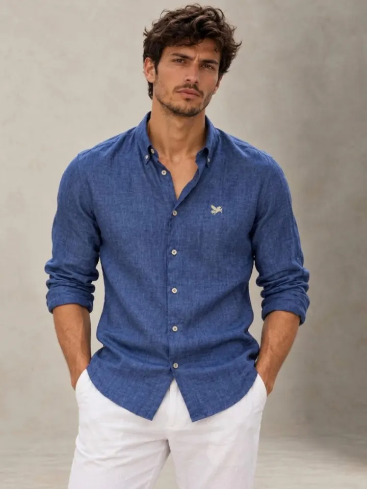 Bemount Bemount French Linen Button-Down Shirt, Indigo Blue in Indigo Blue, front view