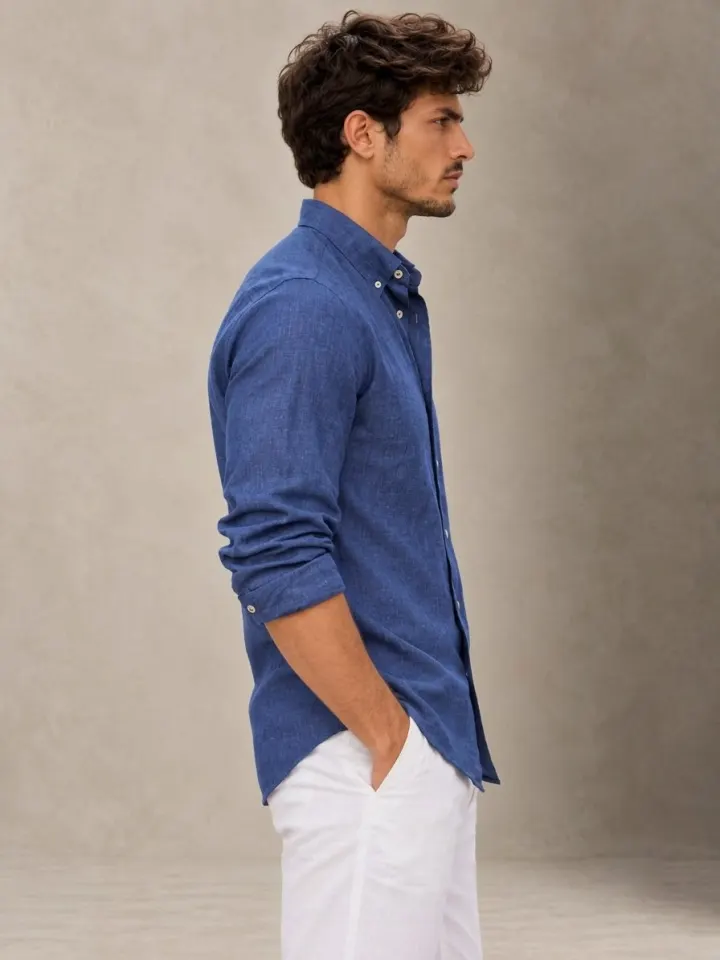 Bemount Bemount French Linen Button-Down Shirt, Indigo Blue in Indigo Blue, side view