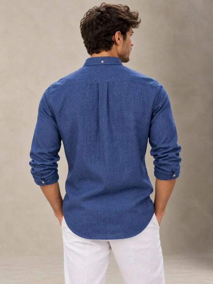 Bemount Bemount French Linen Button-Down Shirt, Indigo Blue in Indigo Blue, back view