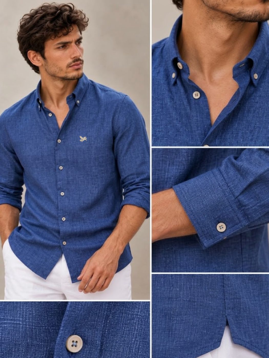 Bemount French Linen Button-Down Shirt, Indigo Blue in Indigo Blue, three-quarter view