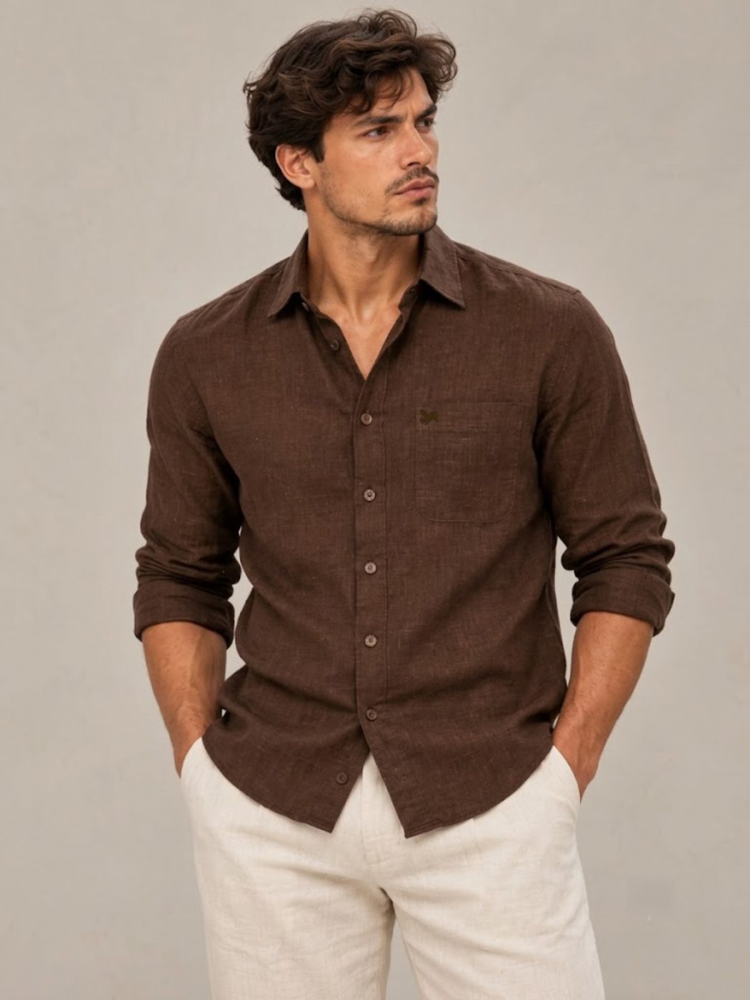 Bemount French Linen Utility Shirt, Deep Espresso in Deep Espresso, front view