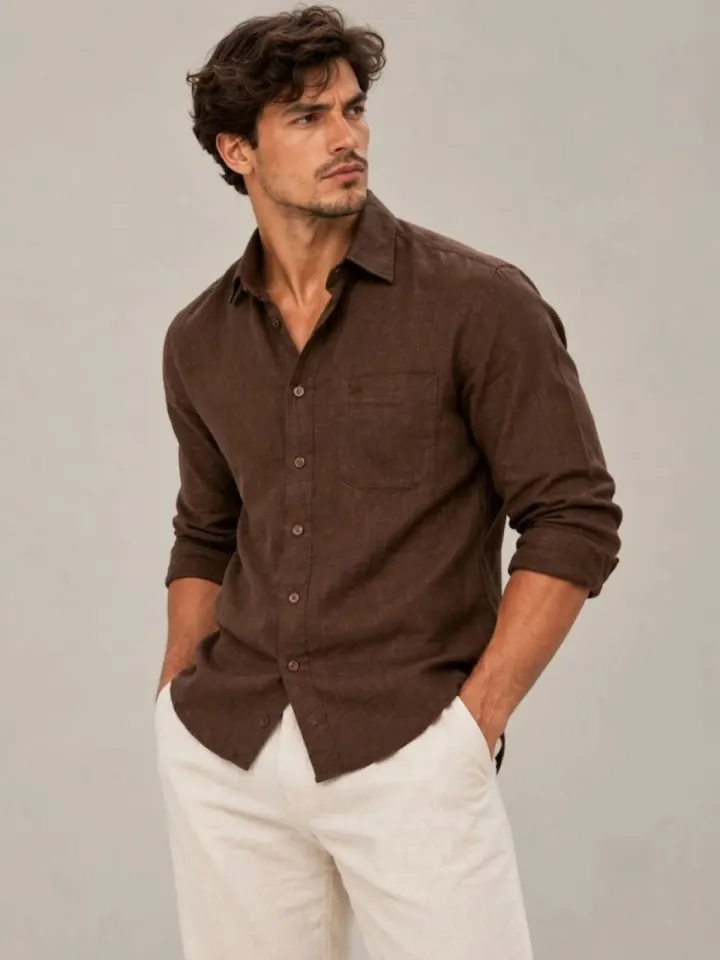Bemount Bemount French Linen Utility Shirt, Deep Espresso in Deep Espresso, three-quarter view